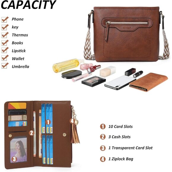 Women’s Brown 3PCS PU Leather Purses Set Crossbody Wallet & Hobo Tote Bag - Picture 6 of 8